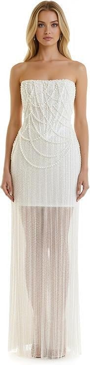 CSZHIWO Pearls Beaded Sequins Prom Dresses 2025 for Women Strapless Mini/Midi Evening Gowns Formal Withe US2