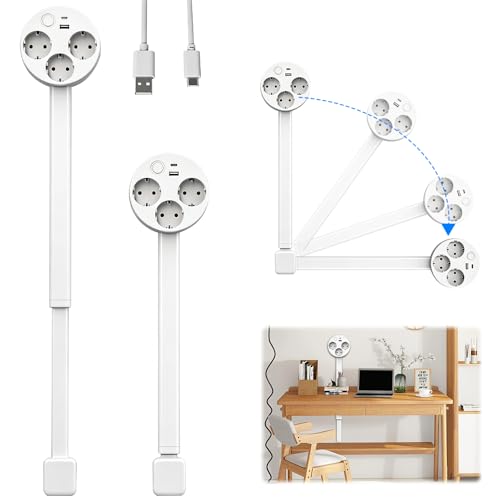 Rallonge de prise extensible 3 prises avec USB C et USB A, multiprise escamotable, avec interrupteur, extensible de 47 à 67 cm, rotation à 360 °, pour prise...