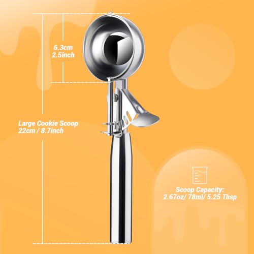 Ice Cream Scoop Stainless Steel, Ice Cream Scoop with Trigger, Cookie Scoop for Baking, Large Ice Cream Scooper, 18/8 Stainless Steel Cupcake Scoop, Food Scoop - 5.25 Tbsp