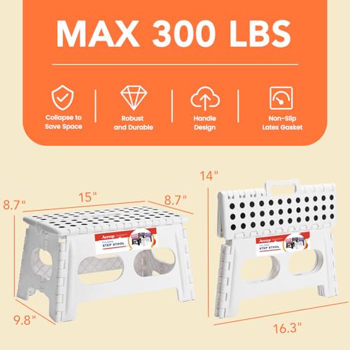 Image of ACSTEP Folding Step Stool 9 Inch,15-Inch Extra Wide Heavy Duty Stepping Stool More Safe and Comfortable Non Slip Foldable Step Stool for Kids and Adults White