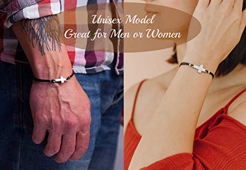 Christian Men's Leather Bracelet With Silver-tone Sideways Cross Thin Minimalist Cuff, Wristband Custom Handmade Christmas Gift4