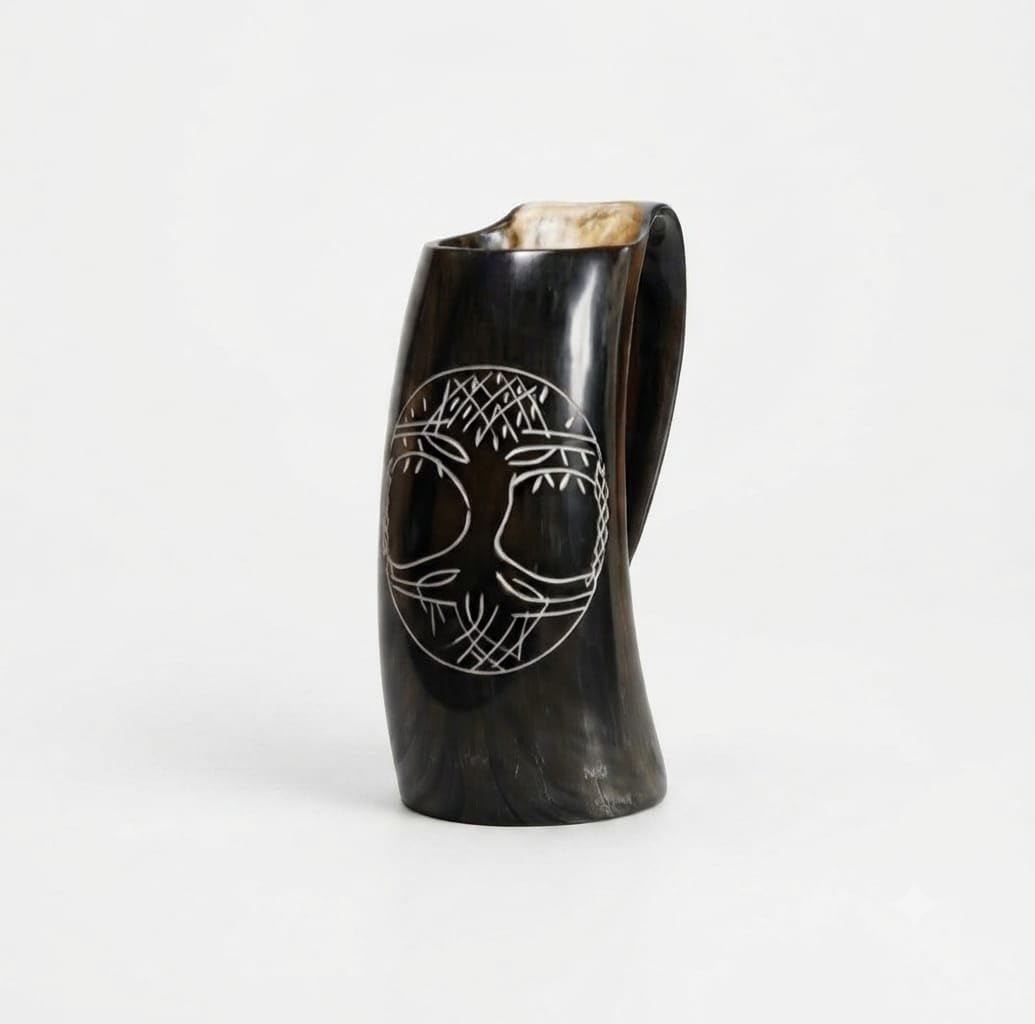 Vintage Black Horn Decorative Pitcher with Hand-Carved Tribal Face Design | Rustic Ethnic Home Decor