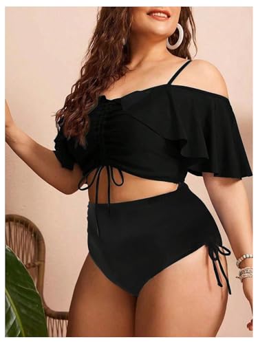 Women's Plus Size Two Piece Tankini Sets Off Shoulder Ruffle Drawstring High Waisted Textured Swimsuits3