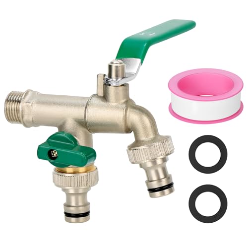 QWORK® Double Robinet de Jardin en Laiton avec 2 Sortie et Clapet - Antigel et Antirouille, Idéal pour Irrigation et Lavage
