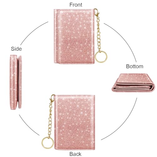 Image of Trifold Small RFID Blocking Wallet Pocket Cute Short Slim Sparkling Credit Card Holder Leather Keychain Ladies Mini Purse with ID Window, Glitter Rose Gold