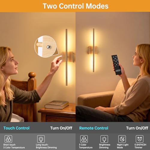 Image of Shenmoyl Battery Operated Wall Sconce Set of 2, 8000mAh Rechargeable Wall Sconces, 3000K-6000K Dimmable, 350Rotate, Indoor Wall Lights for Bedroom Living Room, Original Wood, 23.6 Inch