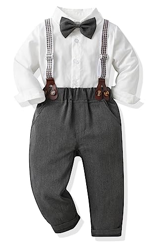 Yokald Toddler Dress Suit Baby Boys Clothes Sets Bowtie Shirts Suspenders Pants 3pcs Gentleman Outfits Suits 6 Month 6 Years (W-Gray01, 3T)
