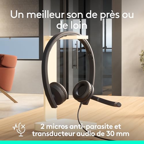 Logitech H570e, Casque USB avec Microphone pour PC et Mac, Casque Filaire USB-A avec Son stéréo, micros Anti-Parasite et Commandes intégrées, certifié pour Microsoft Teams, Noir