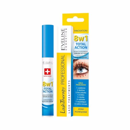 Eveline Cosmetics Lash Therapy Professional Total Action 8-in-1 Concentrated Eyelash Serum with Argan Oil, D-Panthenol & Hyaluronic Acid - Nourishing & Strengthening Formula for Thicker, Fuller Lashes