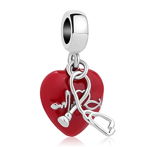 Stethoscope Charm Compatible with Pandora Charm Bracelet Family Red Heart Medical Nurse Doctor Mom Friends Daughter Support Birthday Patience