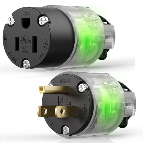 EPLESFTON 1 Set Lighted Extension Cord Ends 15A 125V Extension Cord Replacement Ends 3 Prong NEMA 5-15P & 5-15R  Male & Female Repair Kit for Generator RV Welding Equipment UL Listed Black