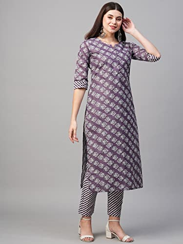 Image of GoSriKi Women's Cotton Blend Printed Straight Kurta With Pant