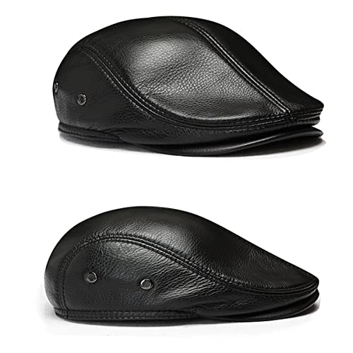 Fashion Men’s Ma'am Classic Adjustable Genuine Leather Newsboy Cap ， Driving 、Hunting、 Fishing、 Beret Hat Flat Cap，Brown And Black (Black) #TOP4