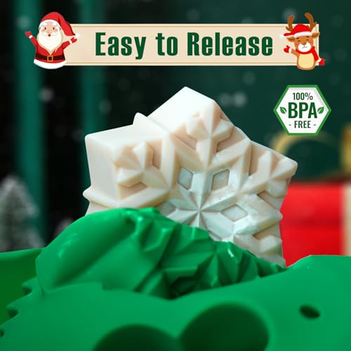 Image of HKNMTT Large Christmas Silicone Molds for Baking Cake Muffins Oven Safe Freezing Soap Candle Cocoa Bomb Food Grade Tray, Deep Snowflake Tree Santa Gingerbread Gift Bell 6 Holiday Shapes Mould 2PCS