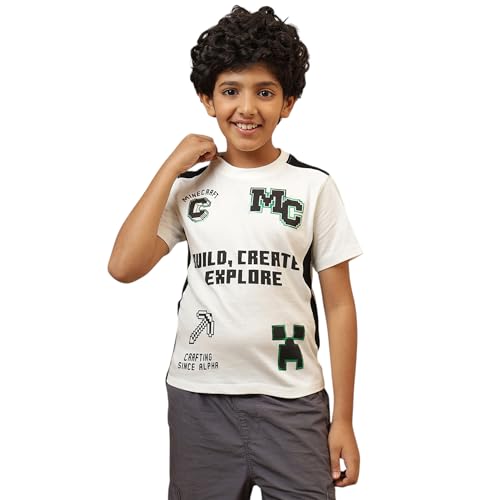 Image of Kidsville Official Minecraft Steve, Alex & Creeper Half Sleeves Round Neck Graphic Printed Regular Fit Pure Breathable Cotton Fabric Tshirt for Boys
