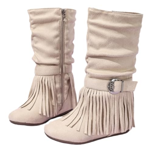 Girls Mid Calf Retro Tassel Cowboy Cowgirl Boots Western Riding Shoes With Side Zipper - Main Image