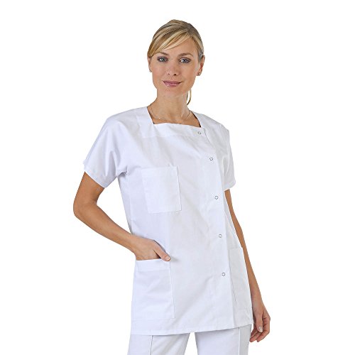 Hurry Jump Label Blouse Tunique médicale Femme 3 Poches col Carré Fermeture Pressions Sergé 210 gramme Couleurs Blanc Pressions inoxydables Lavage Machine 90 degrés ou Industriel T5-52/54