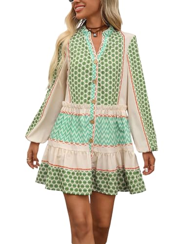 SweatyRocks Blusenkleid Damen Langarm Winter Boho Kleid Hemdblusenkleid Italienische Mode Herbstkleid Winterkleider Tunika Kleid Mit Blumen Grün XL