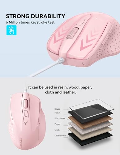 Image of TECKNET Wired Mouse, 6-Button Corded with 4 Adjustable DPI, Optical Ergonomic Design, 5FT Cord for Laptop, Chromebook, PC, Desktop, Mac, Notebook - Pink
