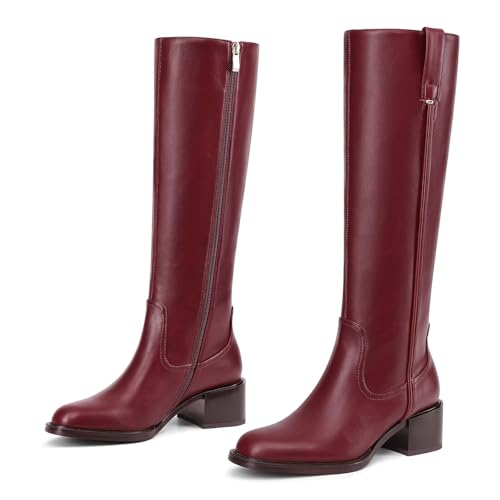 Image of Women's Knee High Boots Chunky Low Block Heel Round Toe Faux Leather Rinding Boots with Side Zip Fashion Tall Boots for Women