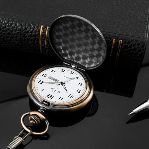 BOSHIYA Smooth Quartz Pocket Watches for Men Classic Arabic Digital Luminous Dial & Day Date Pocket Watch with Chain Christmas Graduation Birthday Gifts