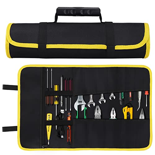 DESIGN ARROTOLABILE E FACILE DA TRASPORTARE -- L'organizer per attrezzi può mantenere i tuoi strumenti in posizione durante il trasporto. Con il suo comodo design arrotolabile, puoi arrotolarlo rapidamente con la cinghia di presa, afferrare tutto e andare, o metterli nella tua grande cassetta degli attrezzi, borsa degli attrezzi, moto, auto ecc., E puoi anche appenderlo dal retro del sedile dell'auto o del camion.
