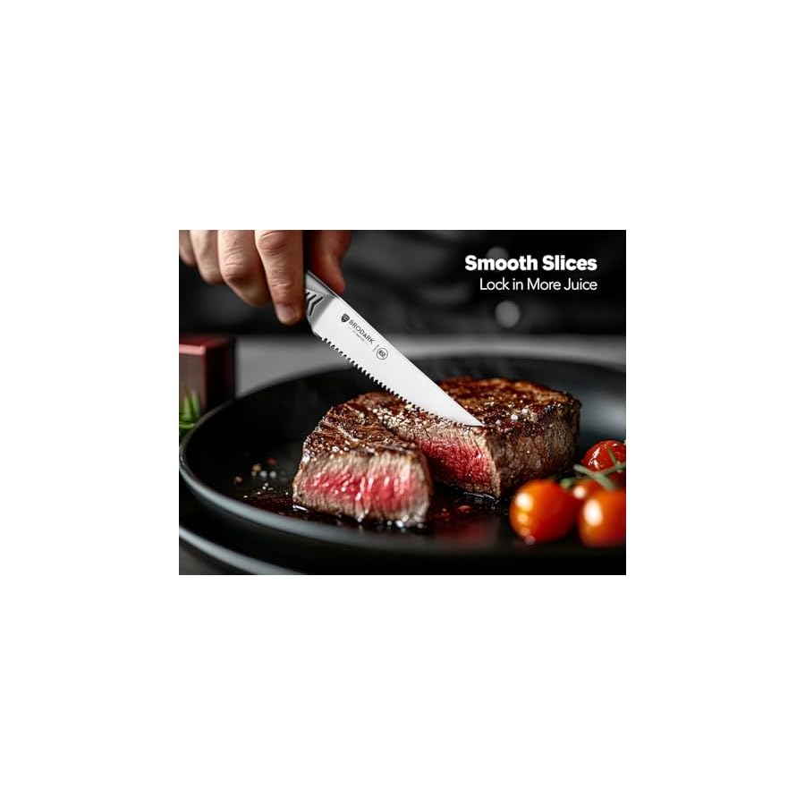BRODARK Steak Knives Set of 8, 4.5 Inch Serrated Steak Knives, High Carbon Stainless Steel Kitchen Steak Knife Set, Never Need Sharpening, NSF Certified, Shark Series