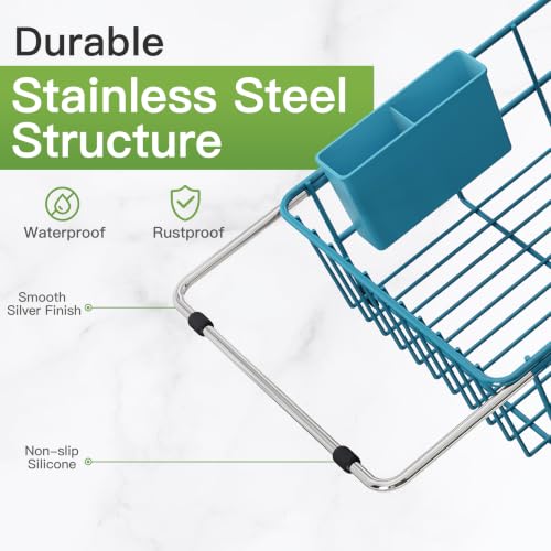 Image of JASIWAY Blue Dish Drying Rack in Sink with Drainboard and Utensil Holder