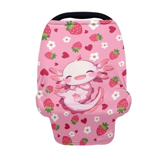 Image of Axolotl Car Seat Covers Canopy Cover - Multi-use Cover Pink Strawberry Carseat Canopy, Breathable Breastfeeding Cover, Reusable Car Seat Covers for Bbies