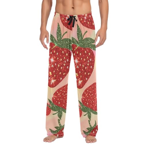 Men's Pajama Pants Glitter Print Strawberry Sleep Pajama Lounge Pant with Pockets, Elastic Waistband