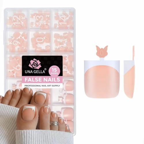 Image of UNA GELLA Press On Toenails, 180Pcs Sharp Square Soft Gel French Tip Toe Nail Press Ons for Women, 15 Sizes Full Cover Nude Fake Toe Press On Nails Extension Pedicure for Home DIY Salon