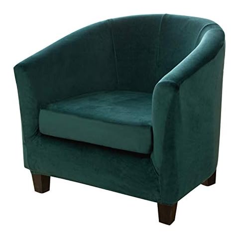 Mingfuxin 2 Pieces Tub Chair Covers,Upgraded 2 IN 1 Design Stretch Velvet Armchair Sofa Slipcover with Cushion Cover, Non Slip Club Bucket Chairs Sofa Couch Covers (Spliced-Flannel Green, Velvet) Cover