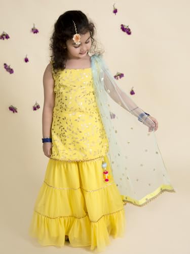 Image of Pspeaches Girls Ethnic Yellow Embroidered Georgette Sleeveless Square Neck Kurti & Sharara with Dupatta 3 Piece Set