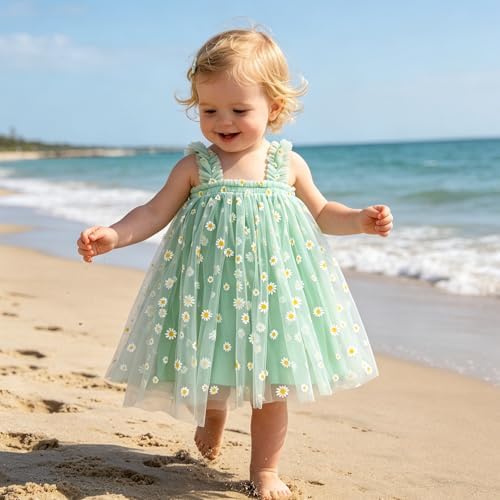 AGQT Toddler Girls Tulle Tutu Dress Sleeveless Kids Princess Birthday Tutu Dresses Formal Party Gowns Light Green Daisy-Lace Size 2-3T - 5