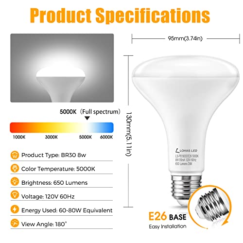 Lohas Full Spectrum Light Bulb, 8W Br30 Premium Bulb 65W Equivalent Bright Happy Led Bulb Boosts Energy Mood & Performance Supports Circadian Rhythm Comfortable Daylight 5000K Dimmable, 6 Pack #TOP1