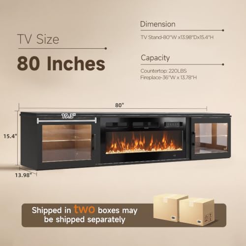 Image of 80 inch Floating TV Stand with Fireplace, High Gloss Finish Wall Mounted Fireplace Entertainment Center with Storage for TVs Up to 90 inch, Black