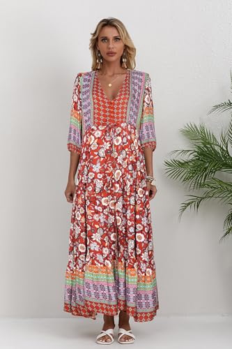 Image of Women Short Sleeve V Neck Floral Print Casual Bohemian Maxi Dresses