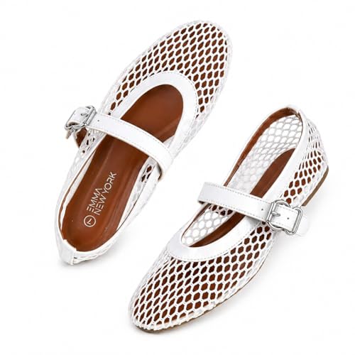 Image of EMMA NEW YORK Mesh Ballet Flats for Women, Mary Jane Mesh Ballet Flats Shoes for Women with Buckle Strap
