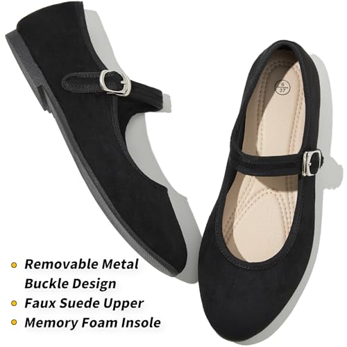 BABUDOG Womens Mary Jane Flats with Strap,Faux Suede Black Flats Shoes,Flats Shoes Women Dressy Comfortable2