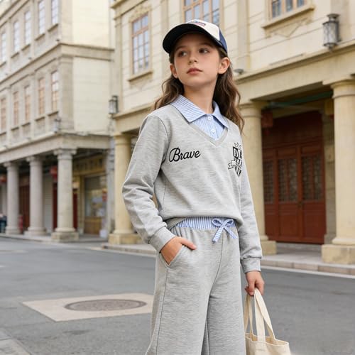 Image of Yoxindax Girls 2-Piece Clothes 2 In 1 Collared V-Neck Sweatshirt Wide Leg Contrast Color Pants Winter 7-14Y Outfits Set