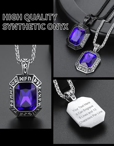 Image of ChainsHouse Viking Rune Pendant Necklace for Men Women, Punk Biker Black Metal /316L Stainless Steel Onyx Norse Vintage Amulet Necklaces with Black /Red /Green /Blue Gemstone, Send Gift Box
