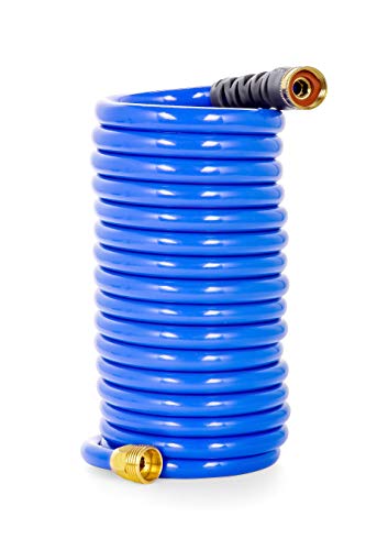 Camco 20’ Coiled Water Rust Resistant Brass Fittings, Hose Design Prevents Kinking