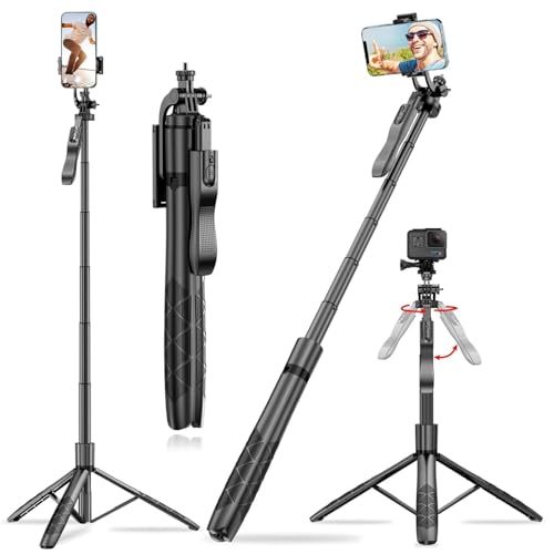 Image of L16 61 inch Tripod Long Selfie Stick for iPhone&Android Multiple Mount for Camera Gopro Fill Light Aluminum Portable Mobile Tripod with Bluetooth Remote,Black