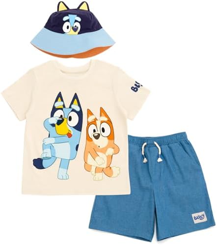 Bluey T-Shirt Chambray Shorts and Twill Bucket Sun Hat 3 Piece Outfit Set Toddler to Big Kid