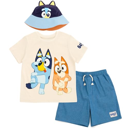 Bluey Bingo Toddler Boys T-Shirt Chambray Shorts and Twill Bucket Sun Hat 3 Piece Outfit Set Blue/Orange 2T