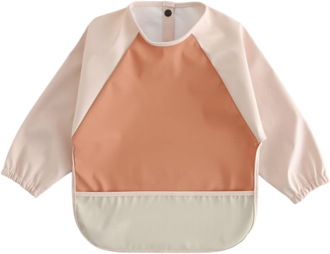 Waterproof Baby Bibs,Infant Toddler Long Sleeve Feeding Bib With Food Catcher,Wipe Clean & Washable