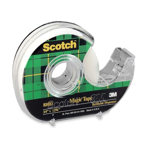 3M Scotch Magic Tape Roll with Refillable Dispenser | 1.9cm x 25.4 Meter | Invisible, writable and Hand tearable | for School Projects, Home and Office use