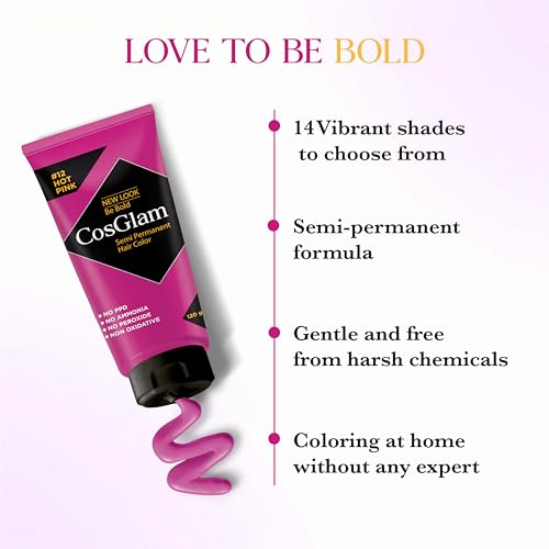 Image of Cosglam Hot Pink (#12) Semi Permanent Hair Color for Women & Men, 120g | Vegan Hair Dye | No Ammonia, No Peroxide | Non-Oxidative Formula | Conditioner Enriched Glossy Finish