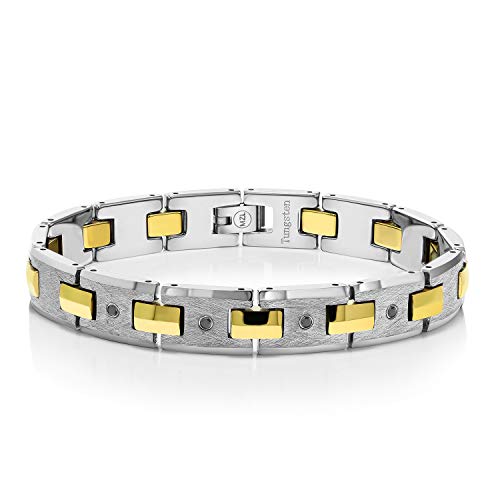 Gem Stone King Mens Black Diamond Tungsten Bracelet with Gold Plated Connector Links