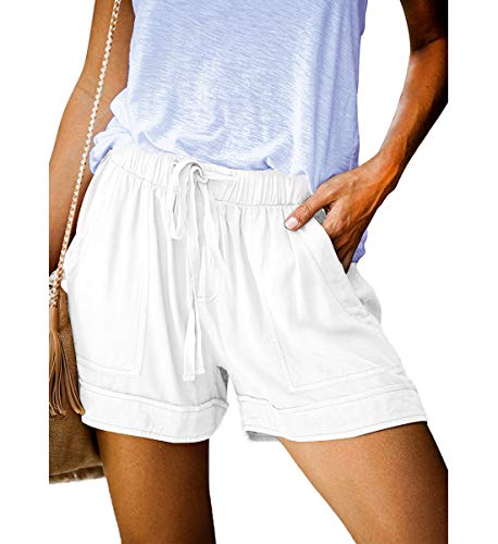 Kyerivs Womens Drawstring Comfy Casual Elastic Waist Summer Lounge Pockets Shorts White Medium
